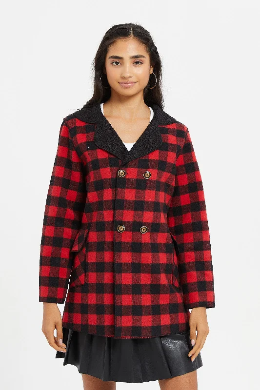 Senior Girls Red And Black Check Jacket Women's hiking jackets