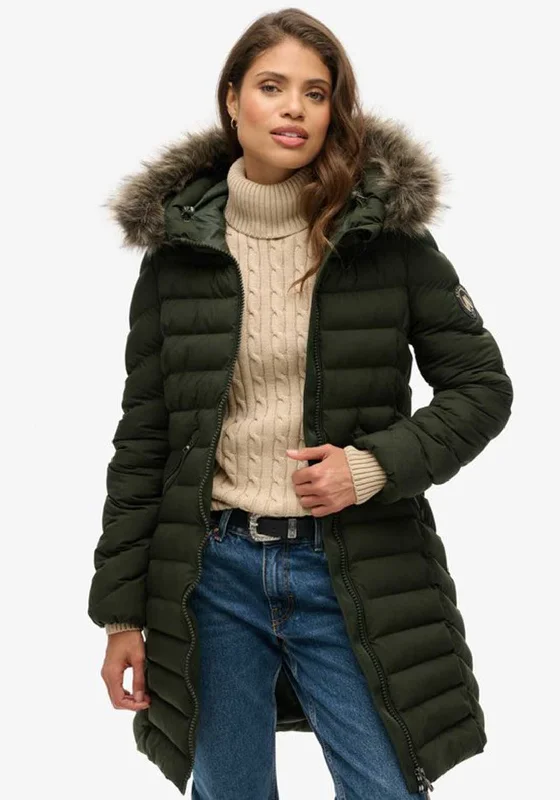 Superdry Fuji Faux Fur Hooded Coat, Green Women's party jackets