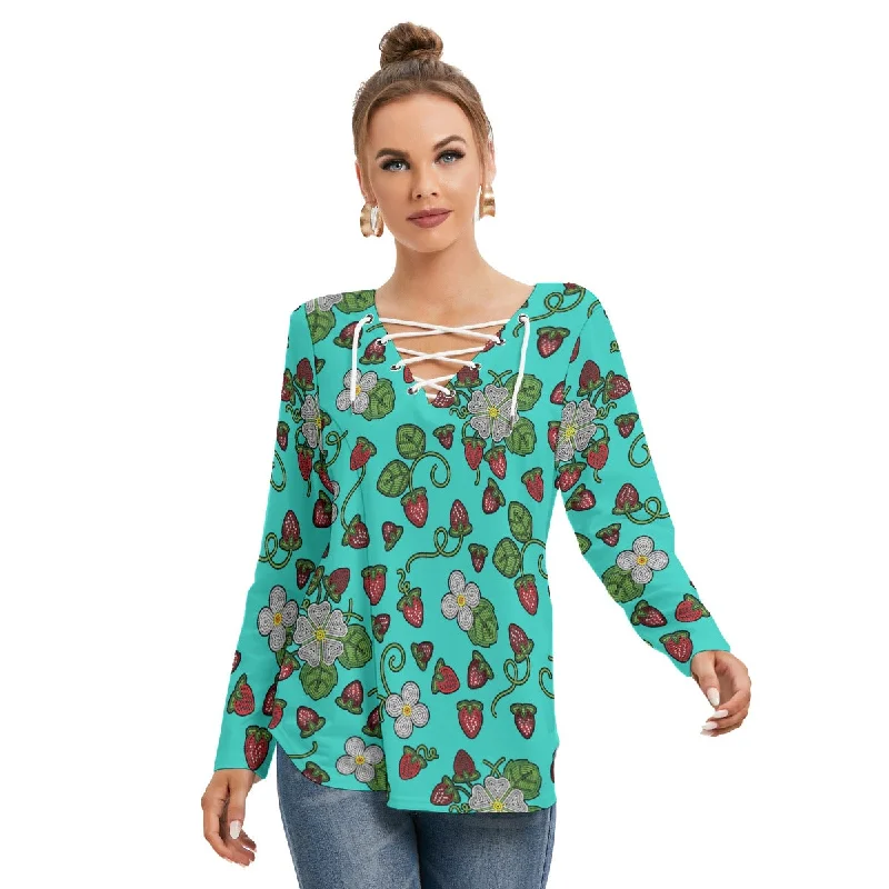 Strawberry Dreams Turquoise Women's Long Sleeve Neckline Tie Sweatshirt Trendy Sweatshirt Hoodie