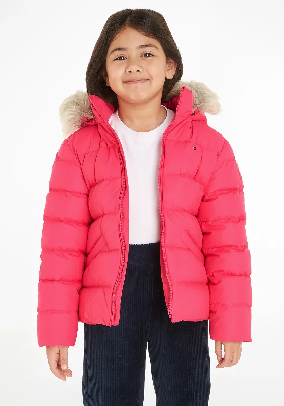 Tommy Hilfiger Older Girls Essentials Down Fur Puffer Jacket, Hot Magenta Women's cotton jackets