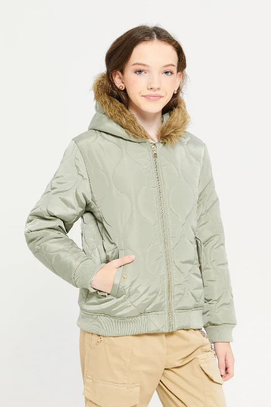 Senior Green Quilted Baseball Jackets With Hooded  Fur Women's affordable jackets