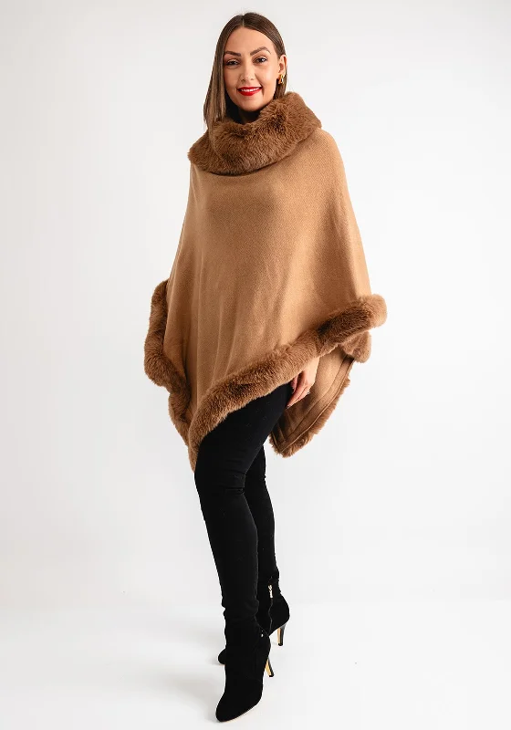 Serafina Collection Faux Fur Knit One Size Poncho, Camel Women's all-season jackets