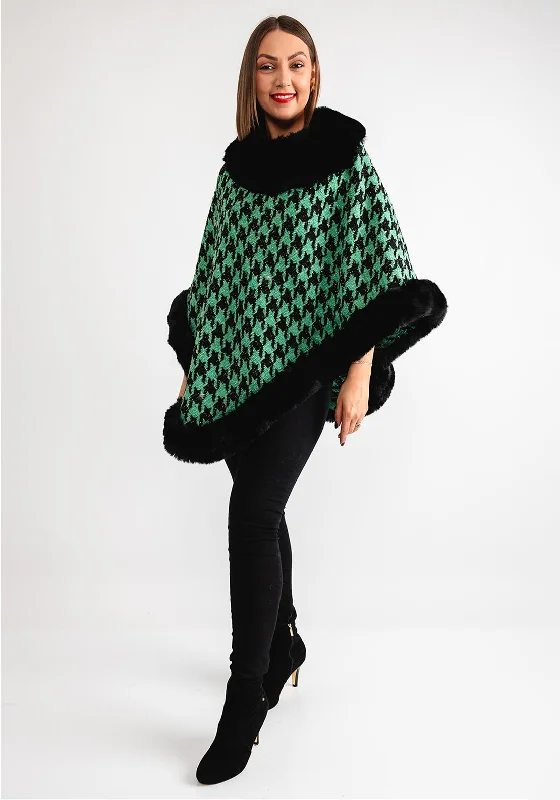 Serafina Collection Houndstooth Faux Fur Trim One Size Poncho, Green Women's cycling jackets