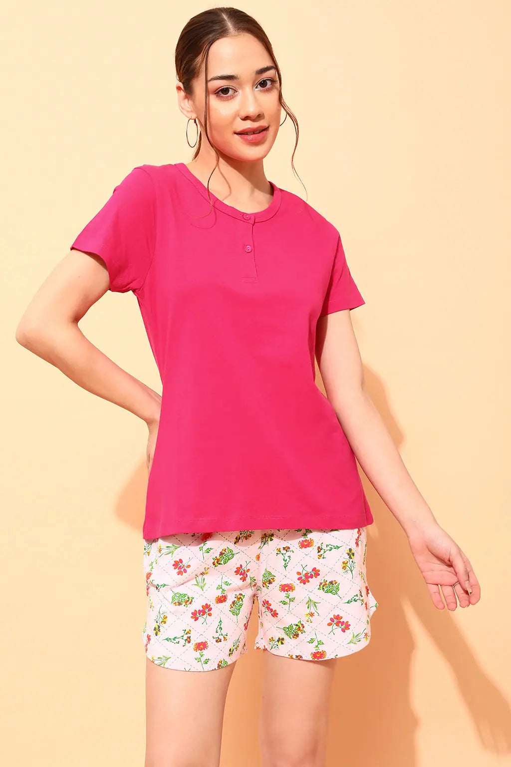 Chic Basic Top in Magenta & Pretty Florals Shorts in Soft Pink - 100% Cotton Shorts pajama sets