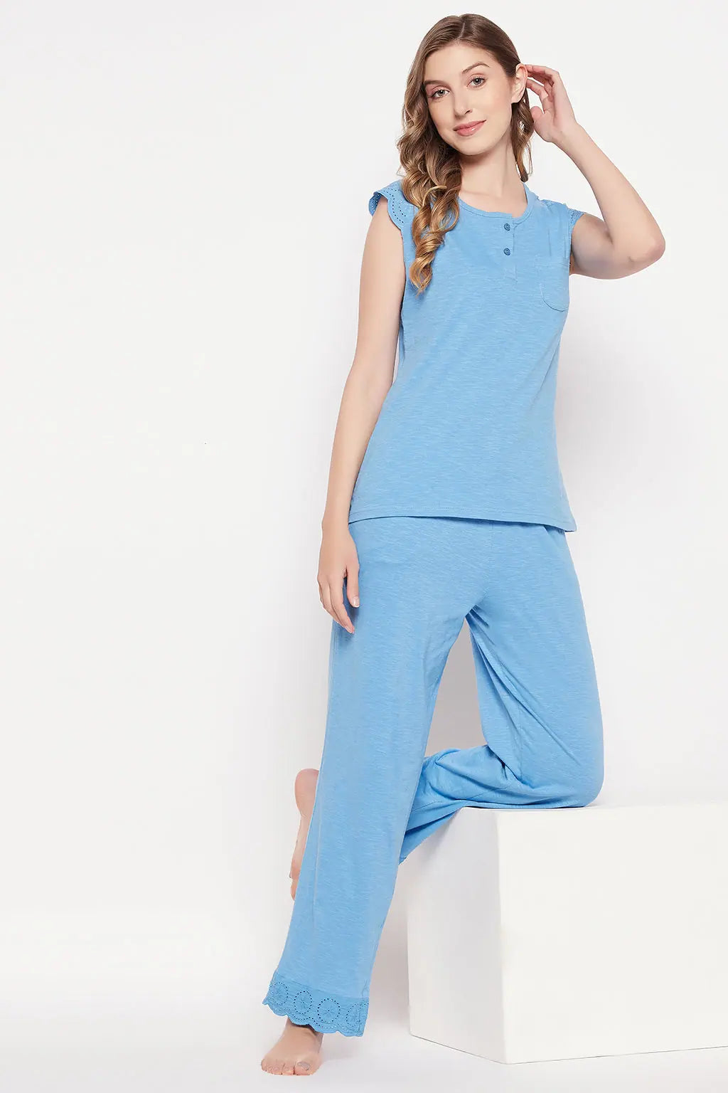 Chic Basic Top & Pyjama Set in Sky Blue - 100% Cotton Jogger pajama sets