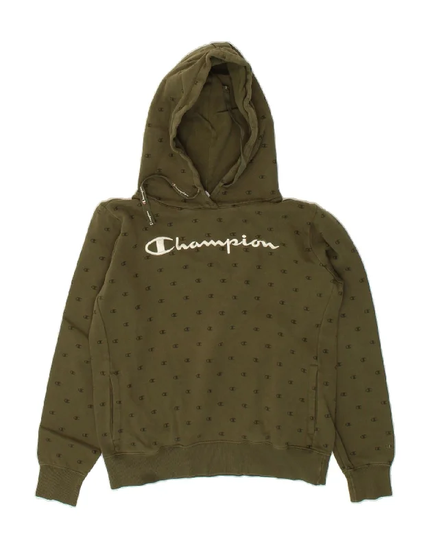 CHAMPION Womens Graphic Hoodie Jumper UK 16 Large Khaki Cotton Spring sweaters