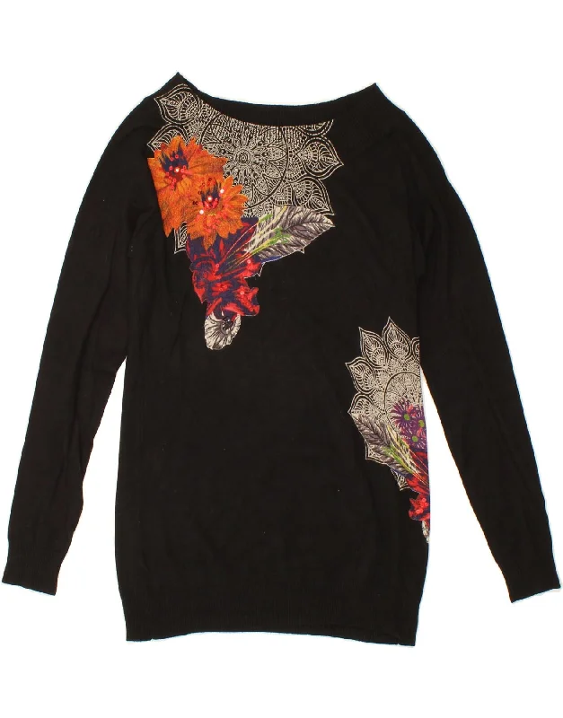 DESIGUAL Womens Graphic Boat Neck Jumper Sweater UK 14 Large Black Floral V-neck sweaters