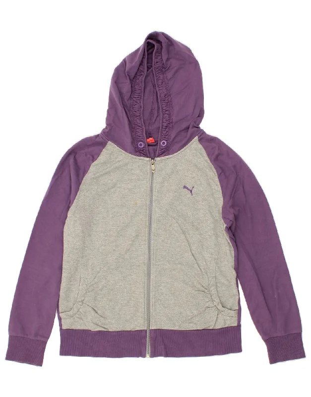 PUMA Womens Zip Hoodie Sweater UK 16 Large Purple Colourblock Cotton Zip-up sweaters