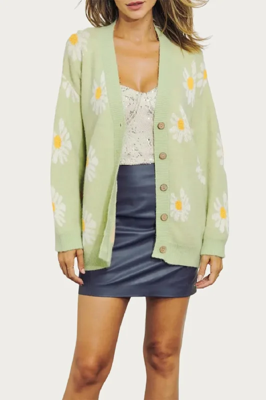 Retro Floral Knit Button-Front Cardigan In Lime Expensive sweaters