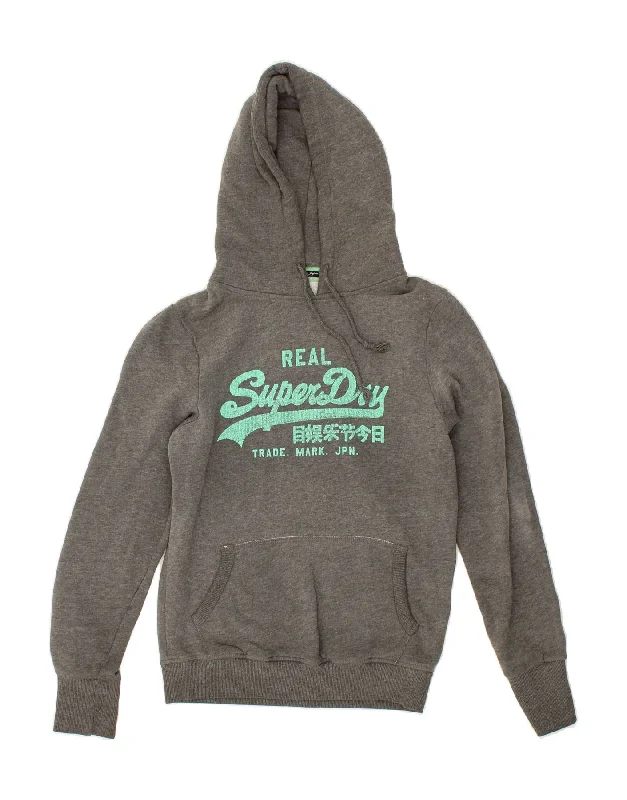 SUPERDRY Womens Graphic Hoodie Jumper UK 12 Medium Grey Cotton Cropped sweaters