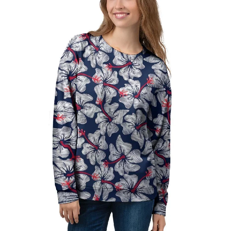 White Hibiscus Tropical Floral Hawaiian Print Women's Sweatshirt Luxury sweaters