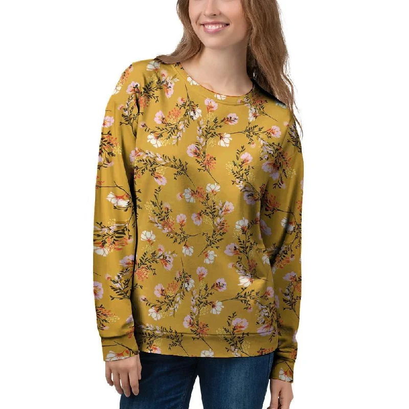 Yellow Floral Retro Print Women's Sweatshirt Acrylic sweaters