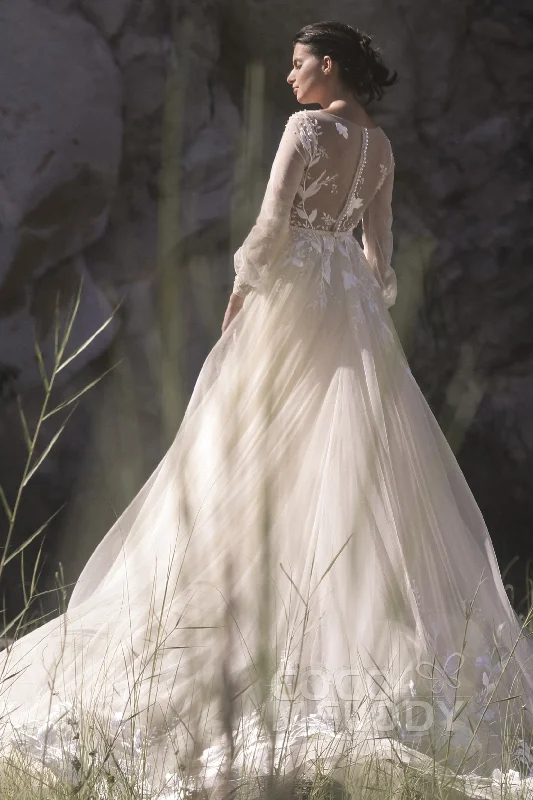 A-Line Chapel Train Tulle Wedding Dress LD5199 Full Skirt Wedding