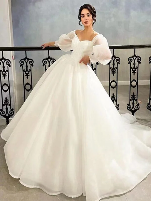 A-line Pluffy Popular Bridal Gowns, Newest 2022 Wedding Dresses, Bubble Sleeves Wedding Gowns Off-shoulder Gown