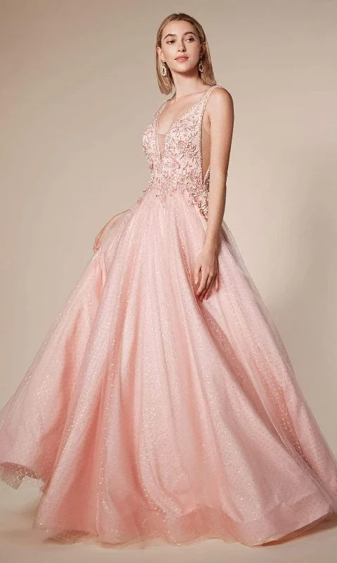 Andrea and Leo - A0696 Floral Appliqued Beaded V Cut Bodice Ballgown Full Length Gown