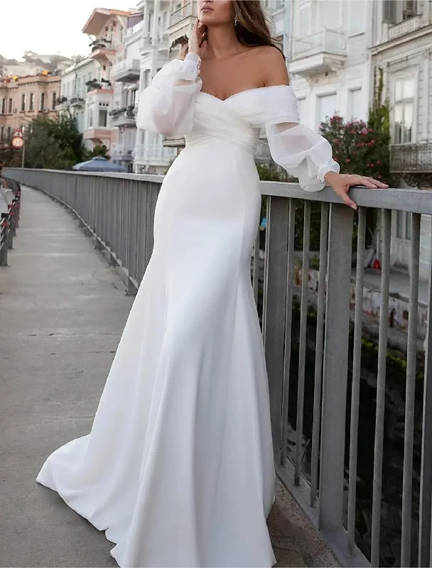 Casual Formal Wedding Dresses Mermaid / Trumpet Off Shoulder Long Sleeve Sweep / Brush Train Chiffon Bridal Gowns With Solid Color Mermaid Wedding Gown