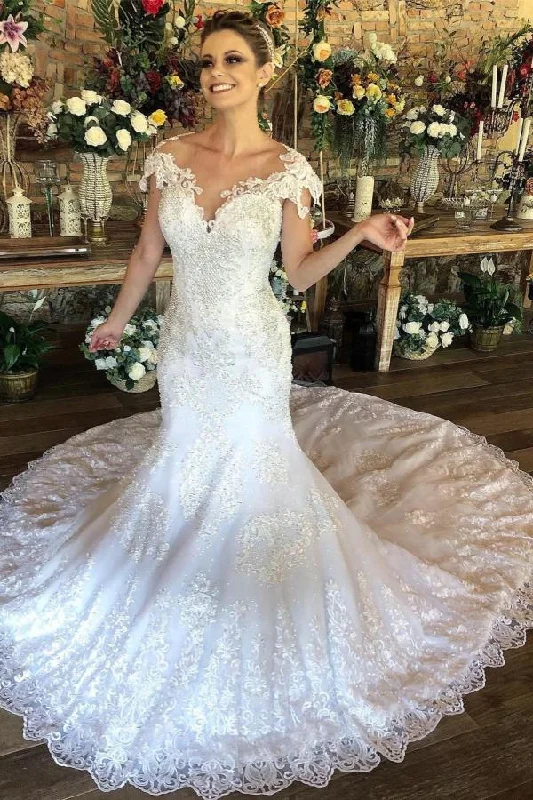 Charming Long Sweetheart Mermaid Wedding Dress with Cap Sleeves and Lace Simple Wedding Gown