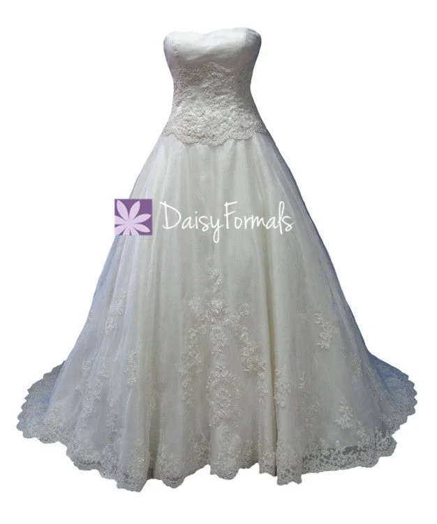 Classic Lace Wedding Dress Luxury Long Strapless Wedding Dress w/ Princess Skirt (WD016) Satin Bridal Gown