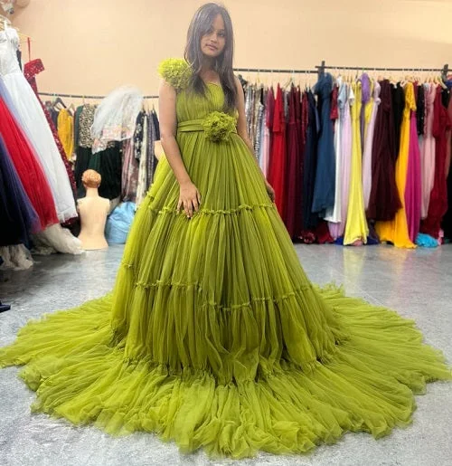 G819, Kiwi Green Prewedding One Shoulder Gown, Size (All)pp Empire Waist Dress