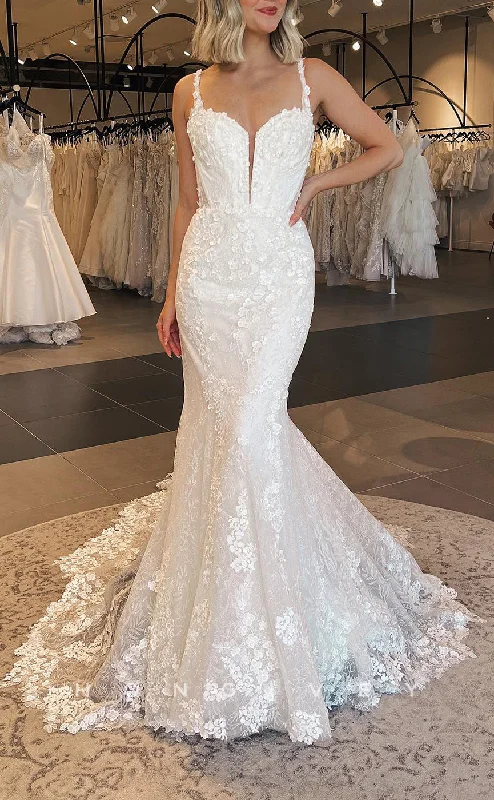 H1605 - Sexy Lace Trumpet Sweetheart Spaghetti Straps Empire Lace Applique With Train Wedding Dress Wedding Dress Style