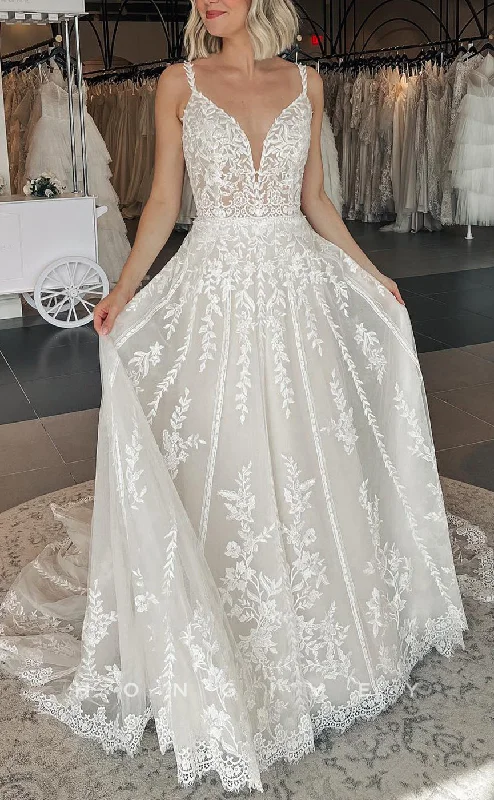 H1606 - V-Neck Spaghetti Straps Empire Lace Applique Elegant A-Line With Train Beach Wedding Dress Lace Back Wedding