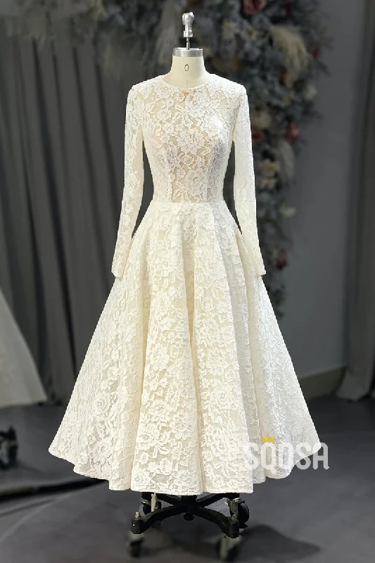 A-line Bateau Allover Lace Vintage Wedding Dress Bridal Gown QW2232 Princess Wedding Dress