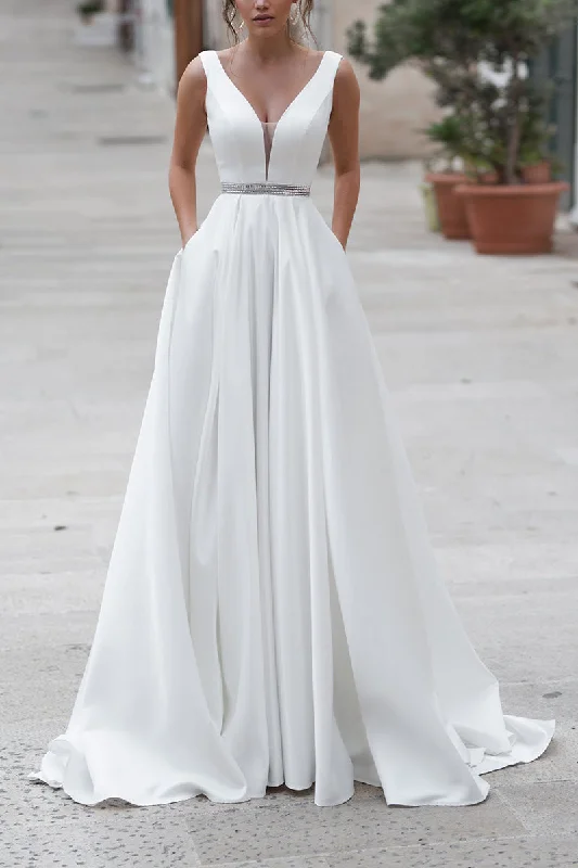 A Line Deep V neck Satin Wedding Dress with Pockets Court Train Simple Bridal Gown QW2270 Mermaid Lace Gown