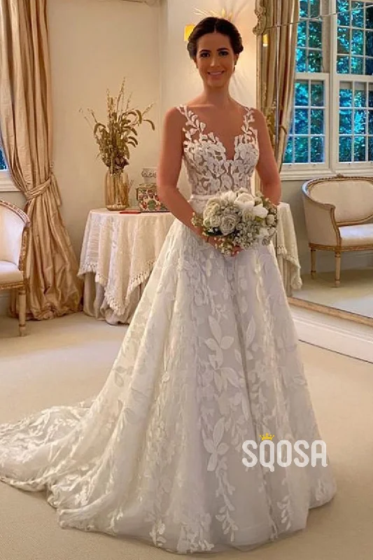 Illusion Neckline Lace Wedding Dress A-line Bridal Gown QW2455 Classic Lace Gown