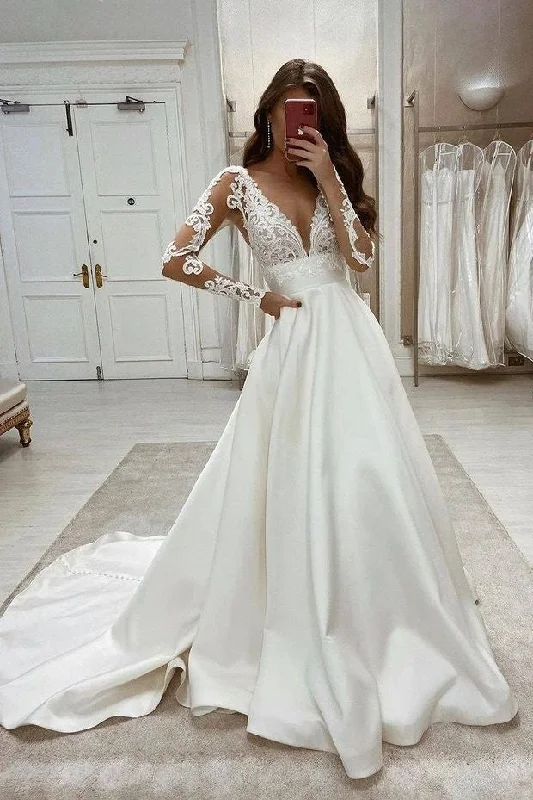 Formal Long Sleeves V-neck Lace Satin A-line Wedding Dresses Vintage Wedding Gown