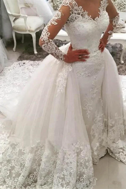 Gorgeous Ivory V-Neck Long Sleeves Appliques Watteau Train Wedding Dress Illusion Lace Gown