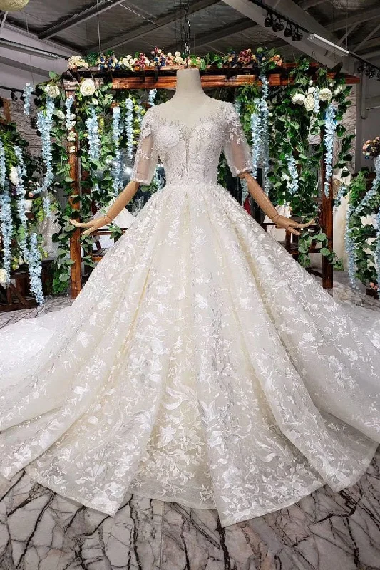 Gorgeous Lace Wedding Dress With Half Sleeves, Ball Gown Long Wedding Dress N1625 Sheer Wedding Dress