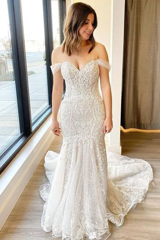 Gorgeous Off The Shoulder Long Mermaid Lace Wedding Dress Y0153 Illusion Neckline Gown