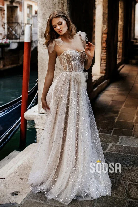 Women's Spaghetti Straps Sequins Bohemian Wedding Dress QW2123 Modern Wedding Gown