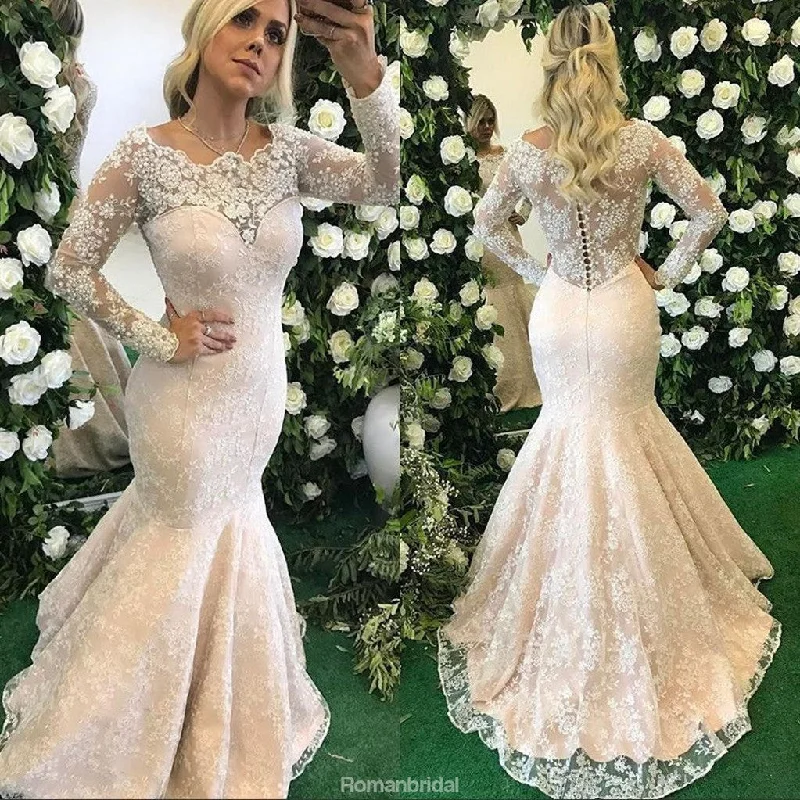 Newest Elegant Full Lace Mermaid Scoop Neck Long sleeves Wedding Dresses with train, WD0347 Glitter Wedding Dress