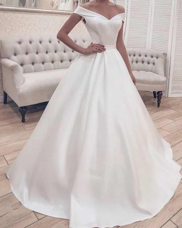 Off Shoulder V-neck Satin Wedding Ball Gown Dresses Lace Sleeveless Dress