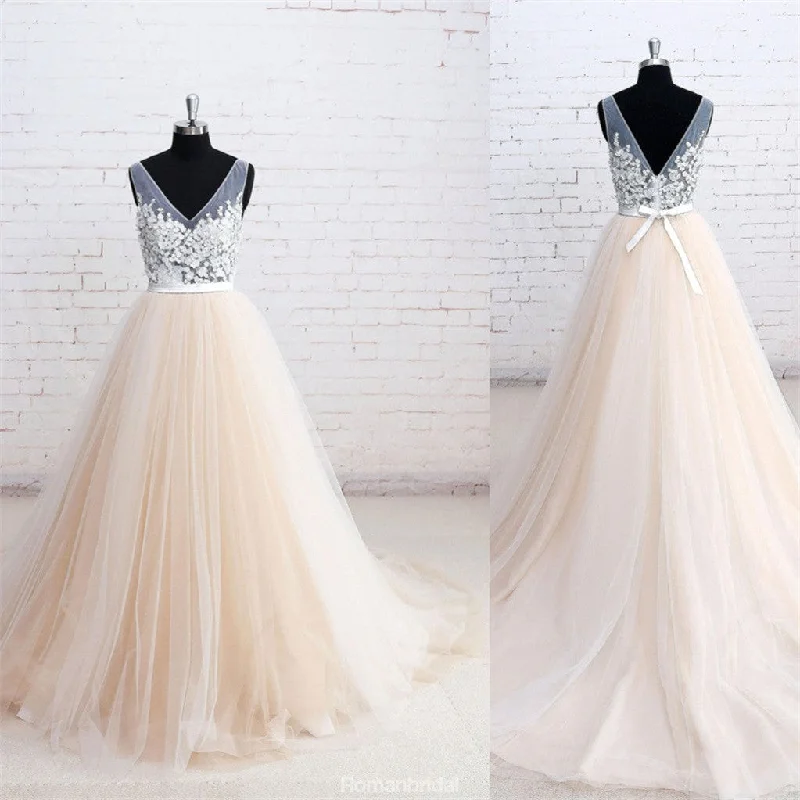 Popular Sexy Deep V-neck sleeveless Applique Tulle Wedding Dresses With Train, WD0348 Embroidered Wedding Dress