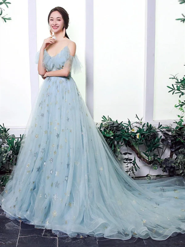 Popular Stars Fashion Wedding Dresses, A-line Tulle Wedding Dresses, Newest Long Prom Dresses Soft Wedding Gown