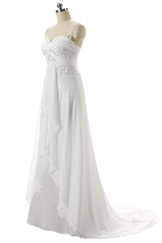 Pretty Sweetheart A-line Lace Chiffon Long Beach Wedding Dresses Silk Wedding Gown