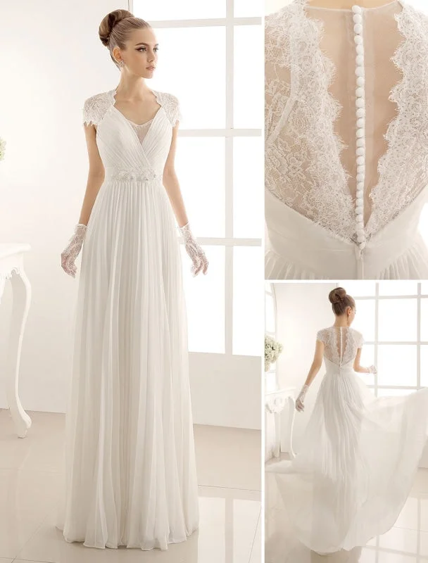 V-Neck Wedding Dress With Lace In Floor Length Exclusive A-line Wedding Gown