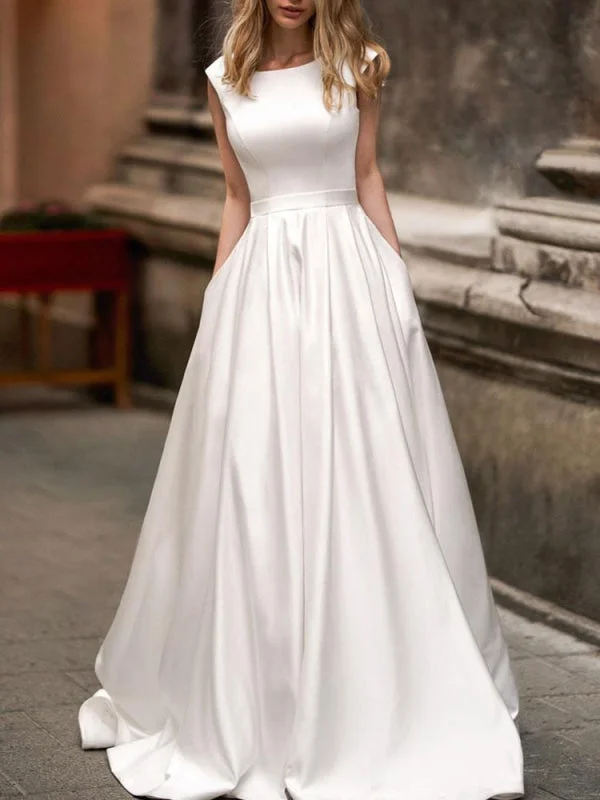 Vintage Wedding Dress 2021 A Line Bateau Neck Sleeveless Floor Length Satin Bridal Gown Wedding Dress Set