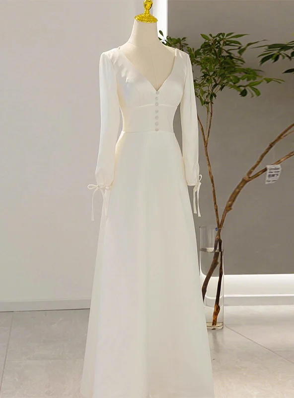 White Satin V-neck Backless Long Sleeve Wedding Dress Luxury Lace Gown