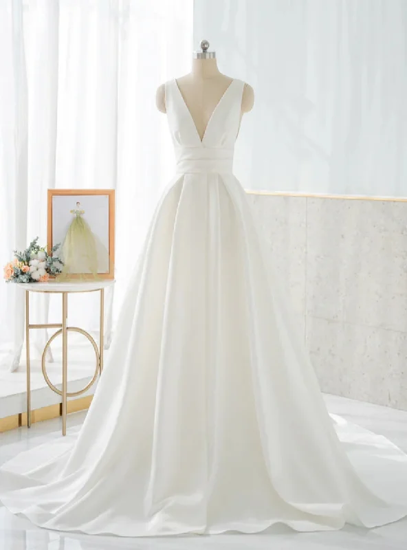 White Satin V-Neck Backless Pleats Wedding Dress Wedding Dress Long