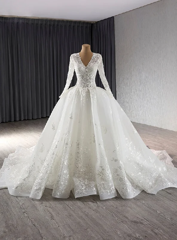 White Tulle V-neck Long Sleeve Lace Appliques Wedding Dress Beaded Lace Wedding