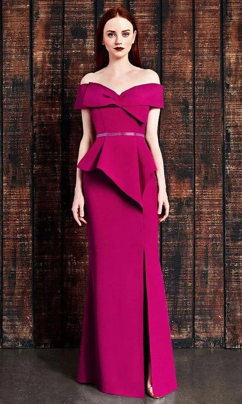 Alexander by Daymor Oversized Bow Accent Off Shoulder Long Gown 850 - 1 pc Cranberry in size 18 and 1 pc Midnite In Size 22 Available Edgy maxi dresses