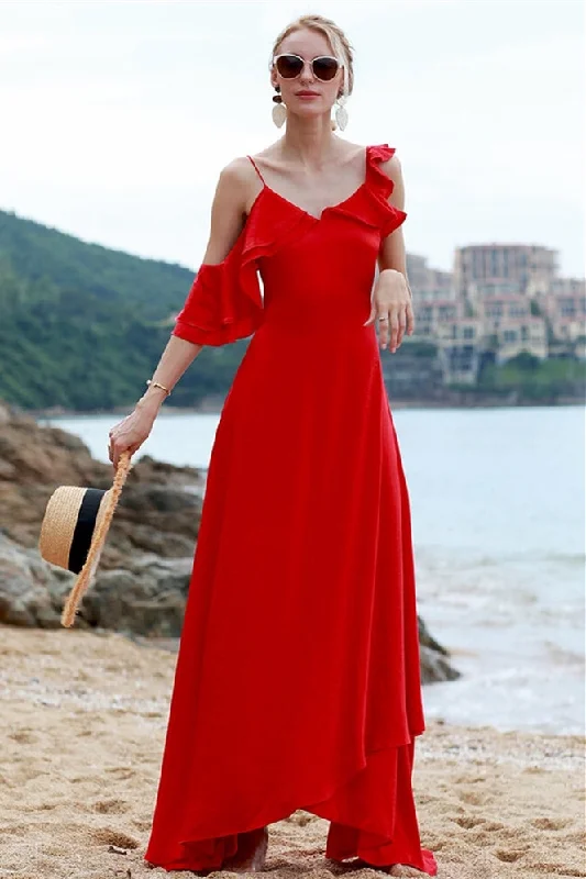 Asymmetric Red Chiffon Maxi Dress Lightweight maxi dresses for hot weather