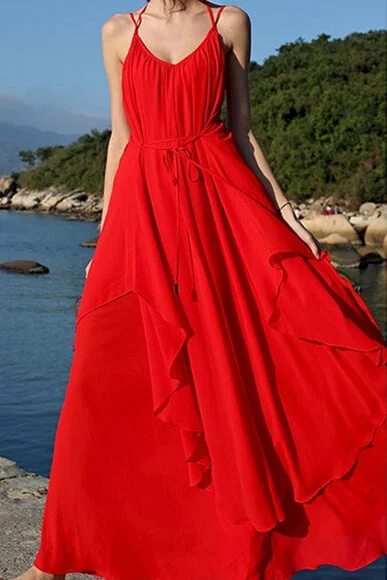 Backless Red Chiffon Maxi Dress Cute floral print maxi dresses