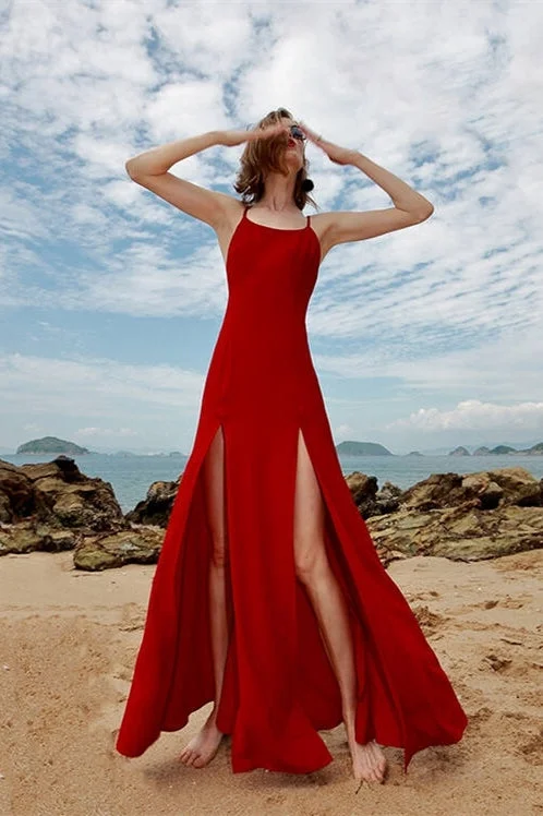 Backless Red Chiffon Slit Maxi Dress Sexy little black maxi dresses