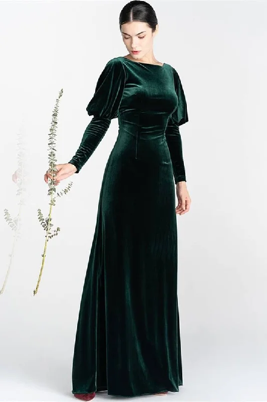 Dark Green Velvet Long Sleeves Dress Casual maxi dresses