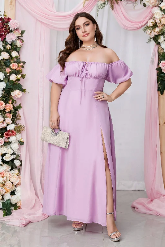 Lavender Off-the-Shoulder Empire Chiffon Long Dress with Slit Halter maxi dresses