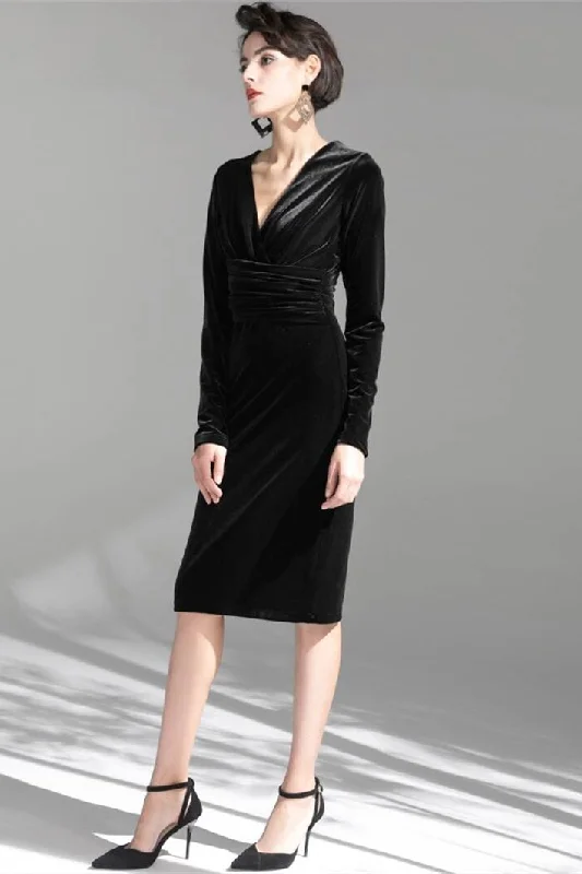 Long Sleeves Black Velvet Knee Length Dress Hot new arrivals in maxi dresses